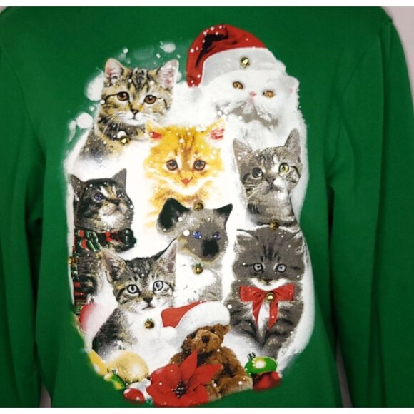 Christmas Kitty Cat Pullover Sweatshirt Medium Jingle Bells Green Womens - Picture 2 of 5